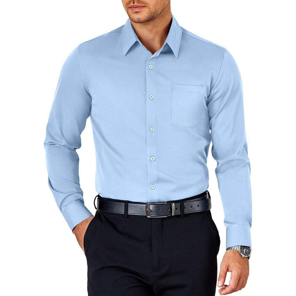 Light Blue Men Short Sleeve Button Down Untucked Dress Wrinkle Free Shirt